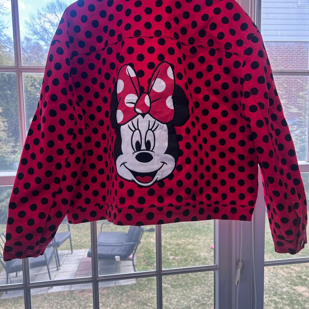 NWT Disney Parks Red Polka Dot Minnie Mouse Denim Jacket